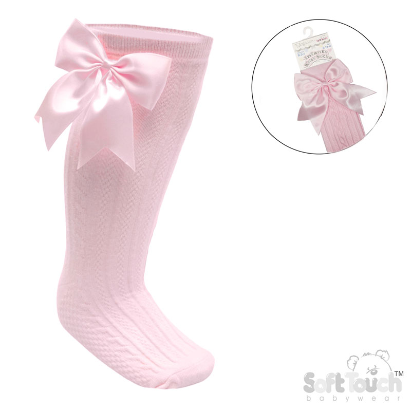 Baby Pink 'Elegance' Knee Length Socks w/Satin Bow : S350-BP
