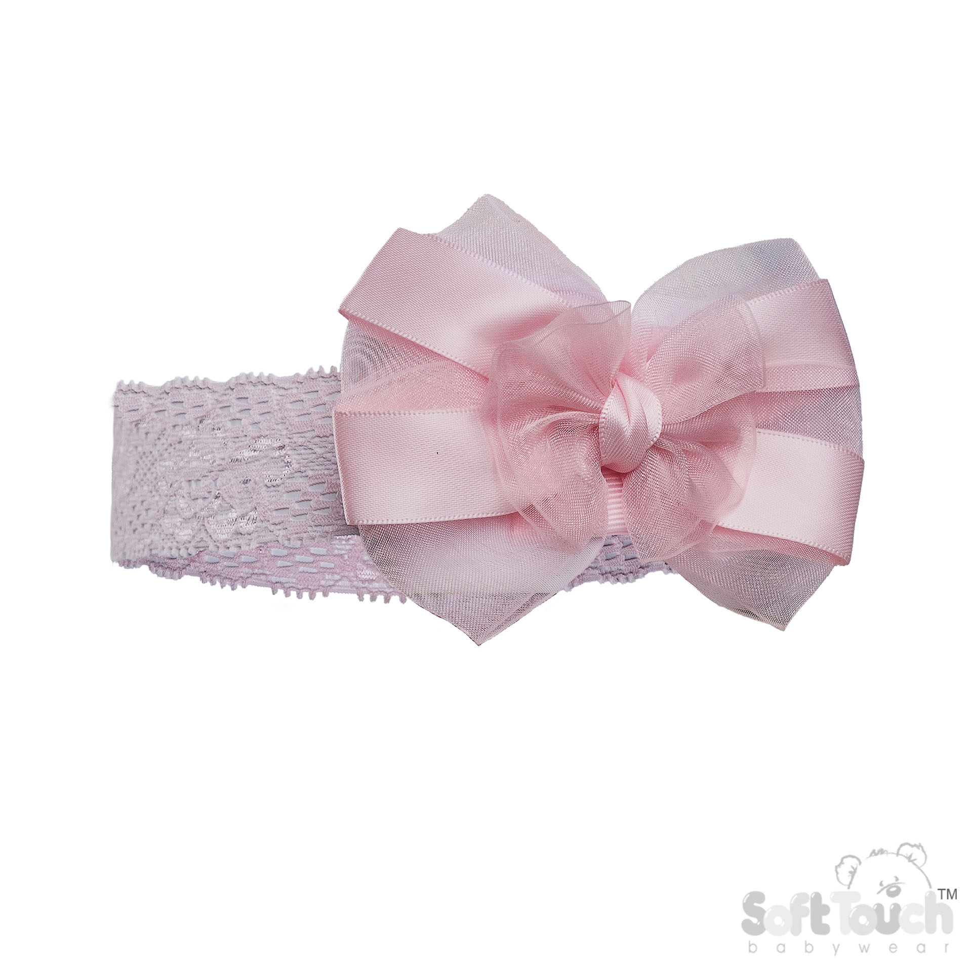 Pink Lace Headband w Satin/Organza Bow : HB116-P