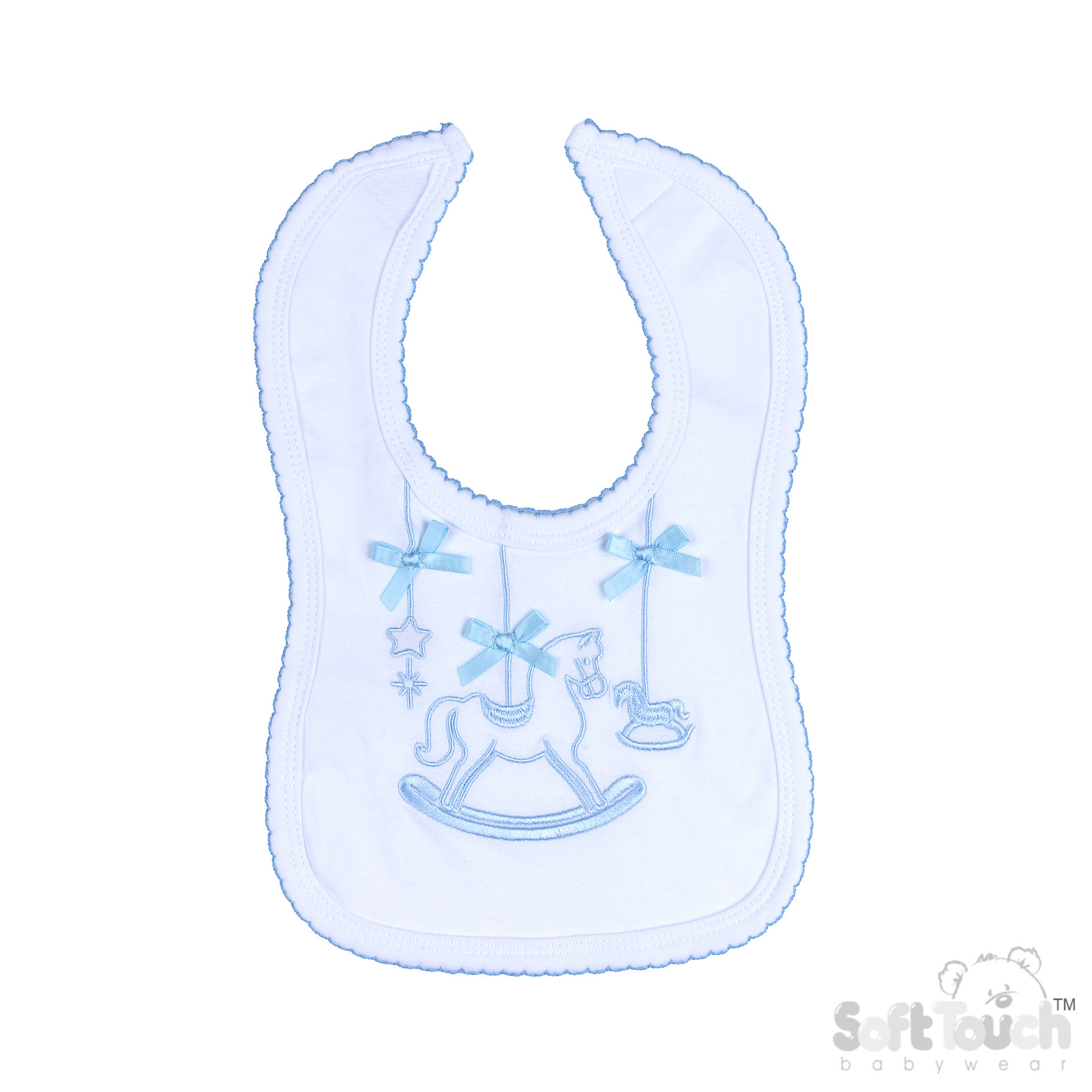White Velcro Bib w/Blue Rocking Horse Embroidery : P3617-BP-B