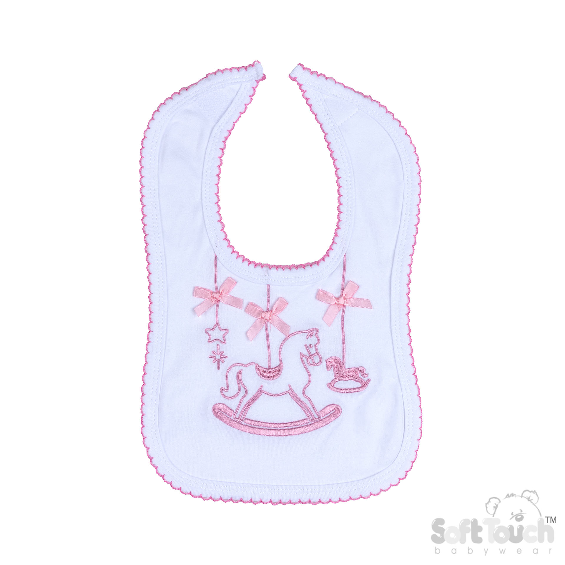 White Velcro Bib w/Pink Rocking Horse Embroidery : P3617-BP-P