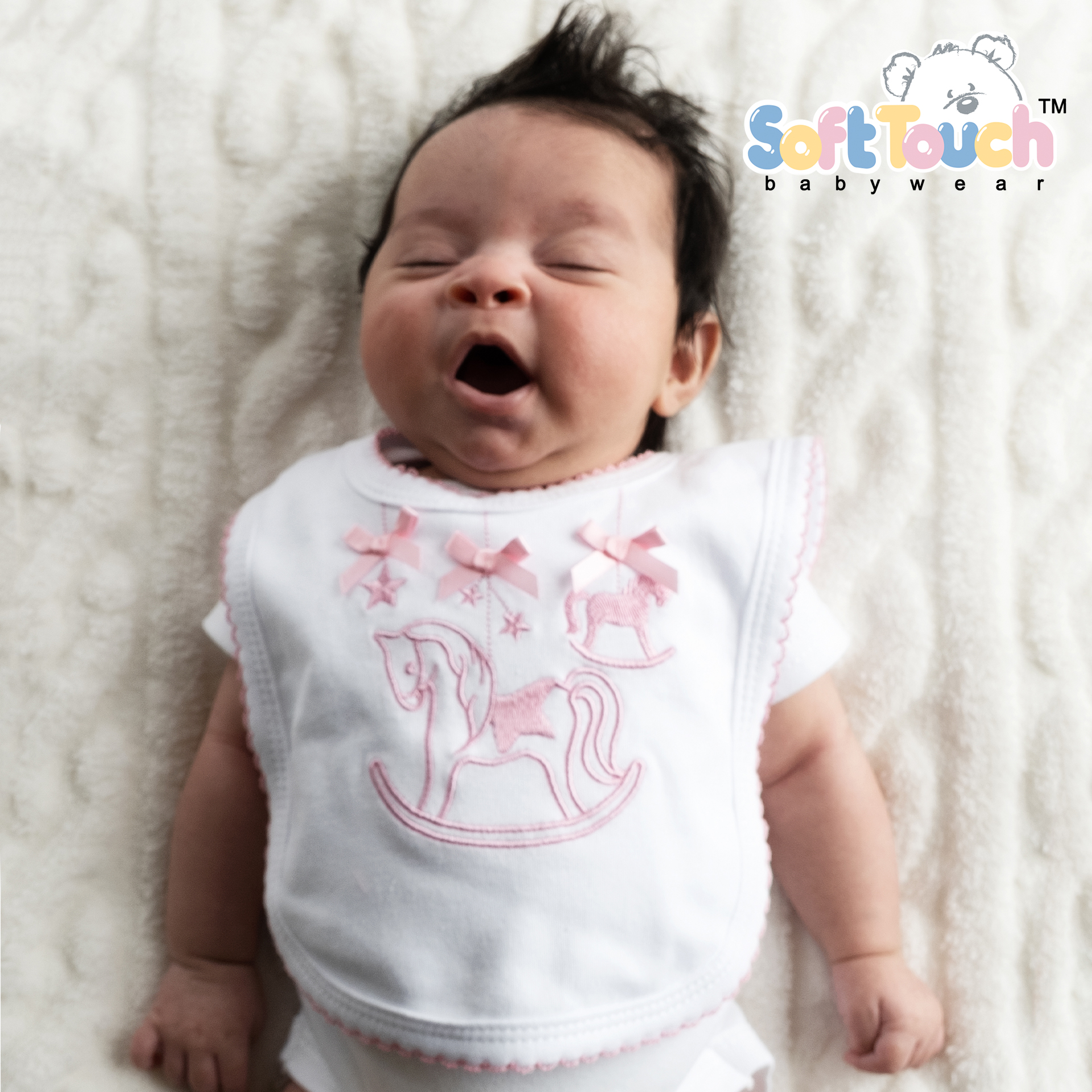 White Velcro Bib w/Pink Rocking Horse Embroidery : P3617-BP-P